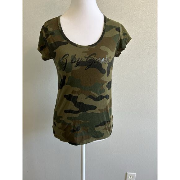 Y2K GUESS Women's Angel Wings VTG Sequins T Tee Shirt Camouflage Grunge Fairy S - Picture 5 of 11